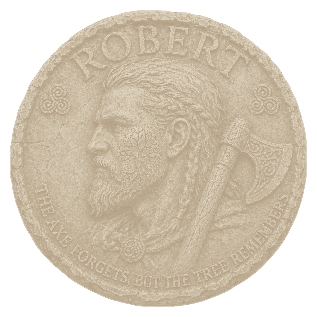 Robert Transport medallion: carved bronze portrait with axe. The axe forgets, but the tree remembers.