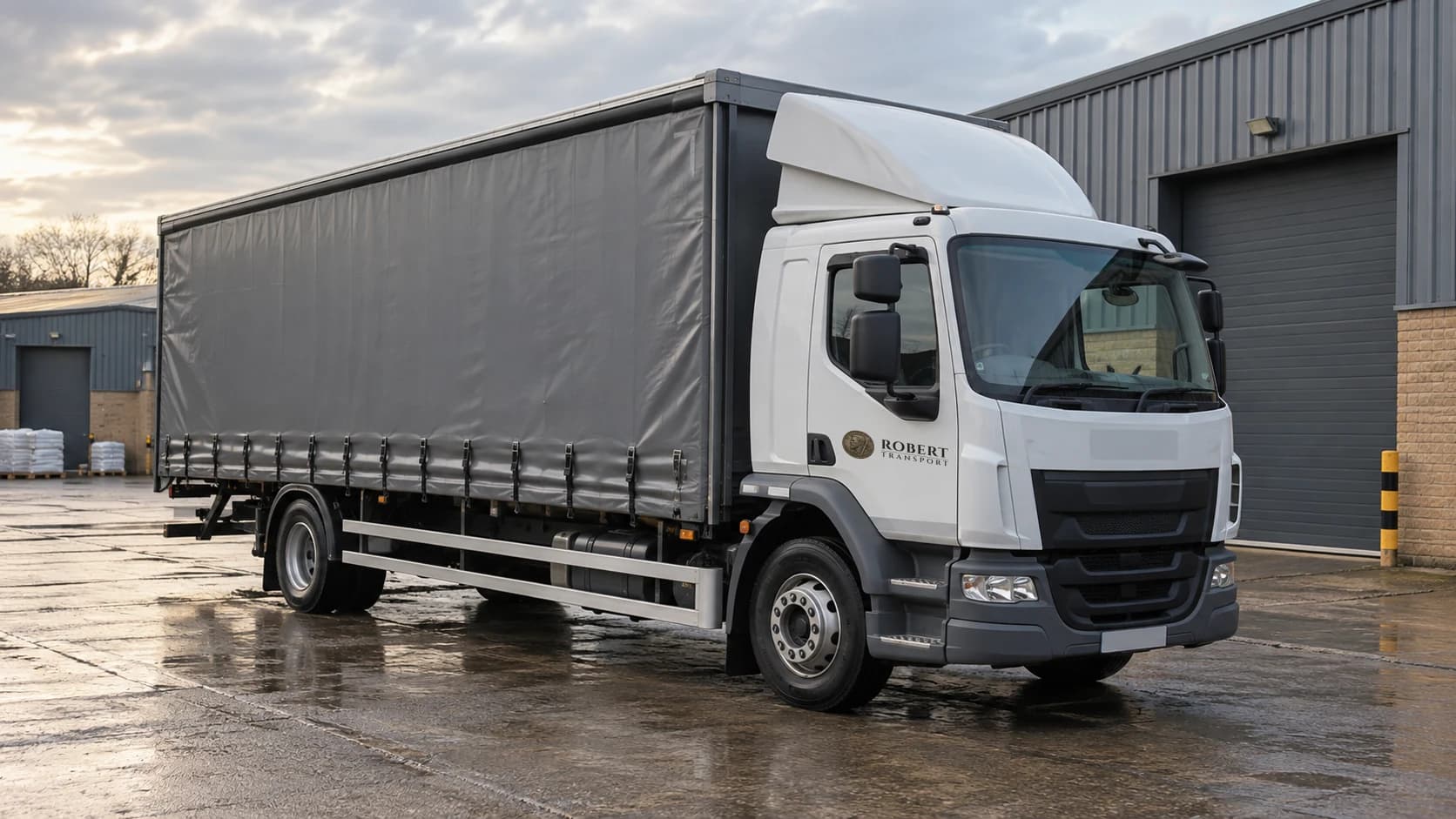 Two-axle rigid curtain-sided lorry at an industrial delivery site