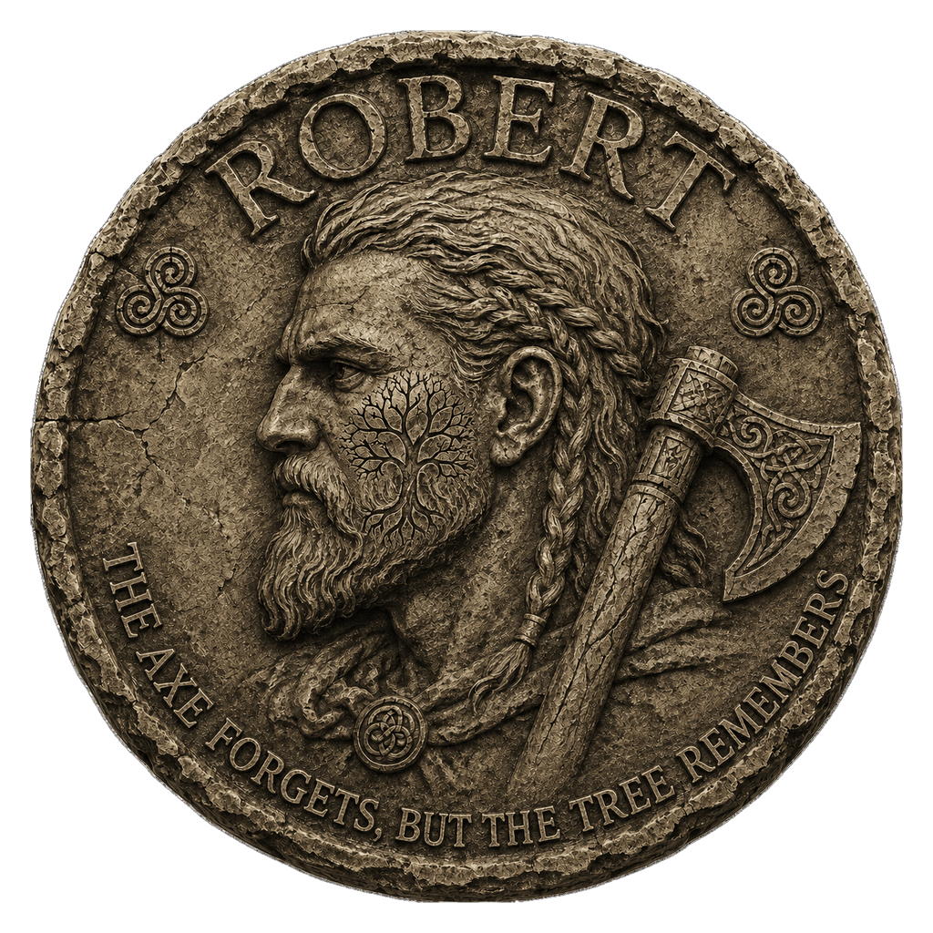 Robert Transport medallion: carved bronze portrait with axe. The axe forgets, but the tree remembers.
