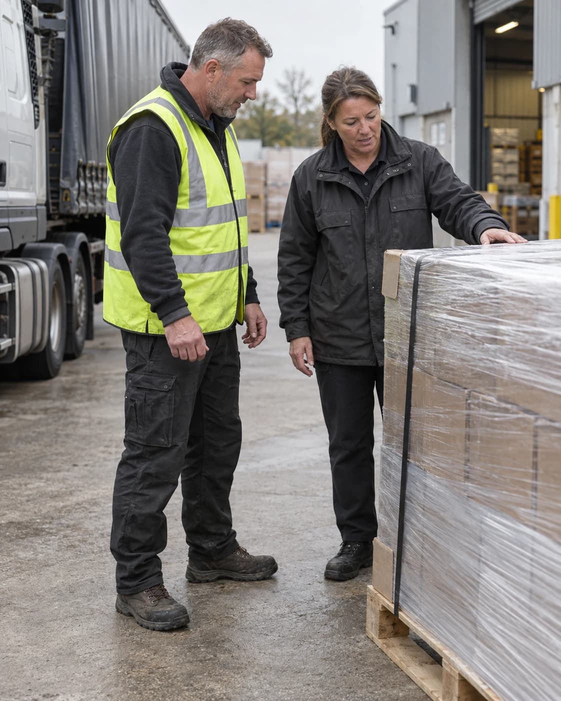 Driver checking the condition of a delivered pallet with a receiver