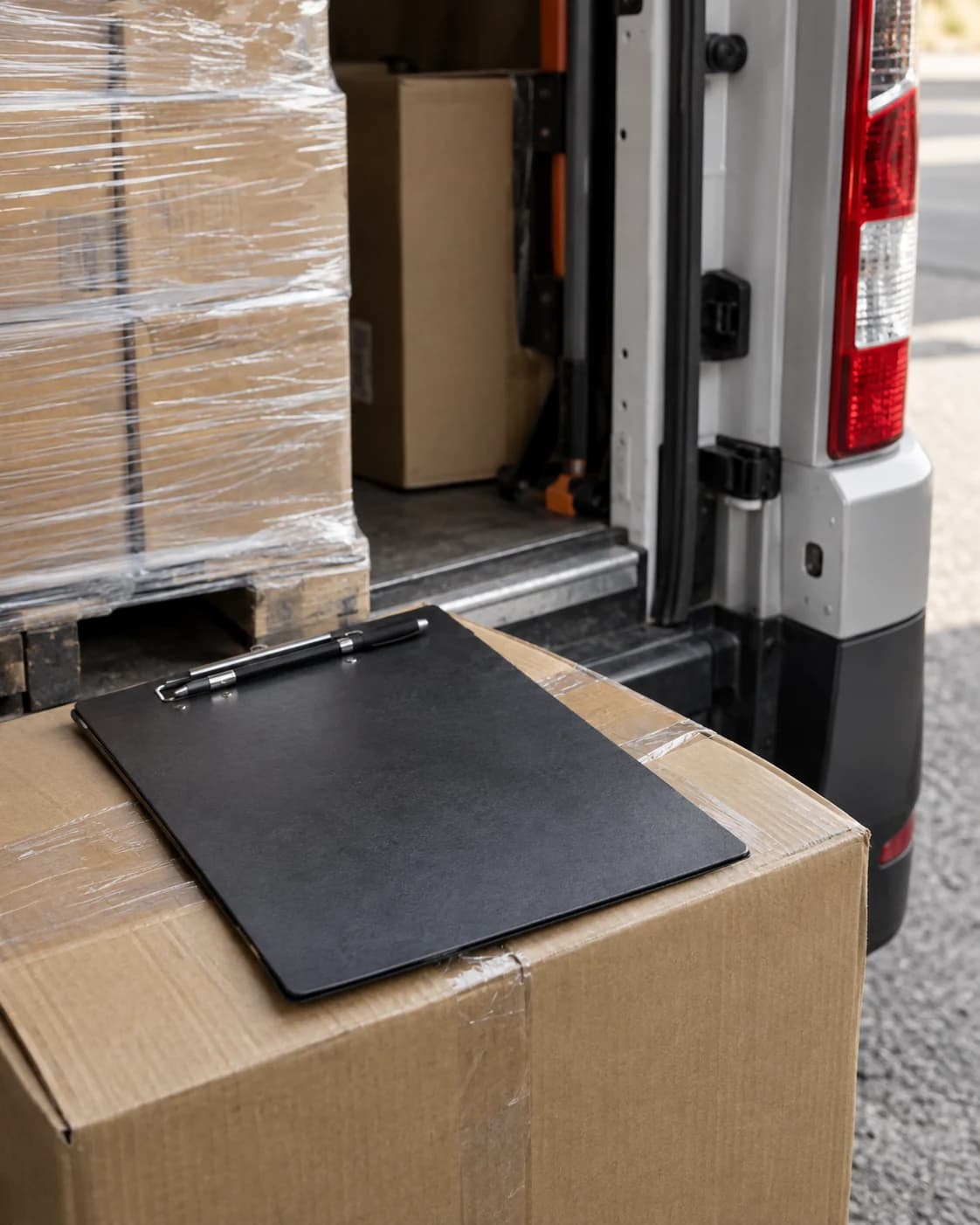 Delivery clipboard and pen beside a wrapped pallet
