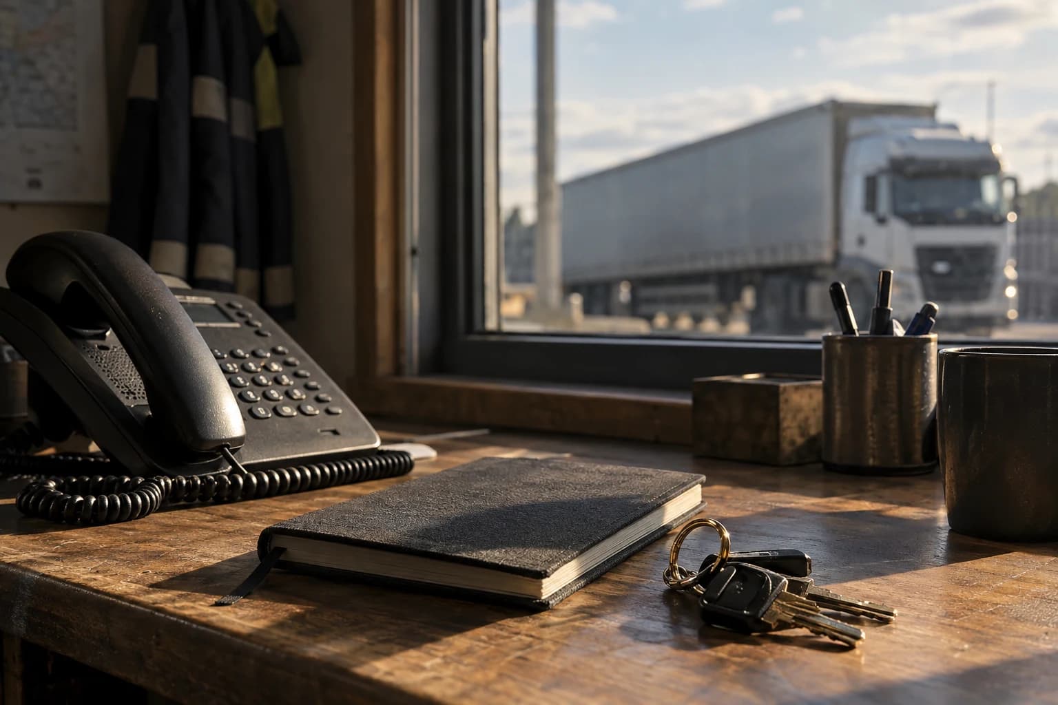 Dispatch phone, notebook and vehicle keys on a working desk