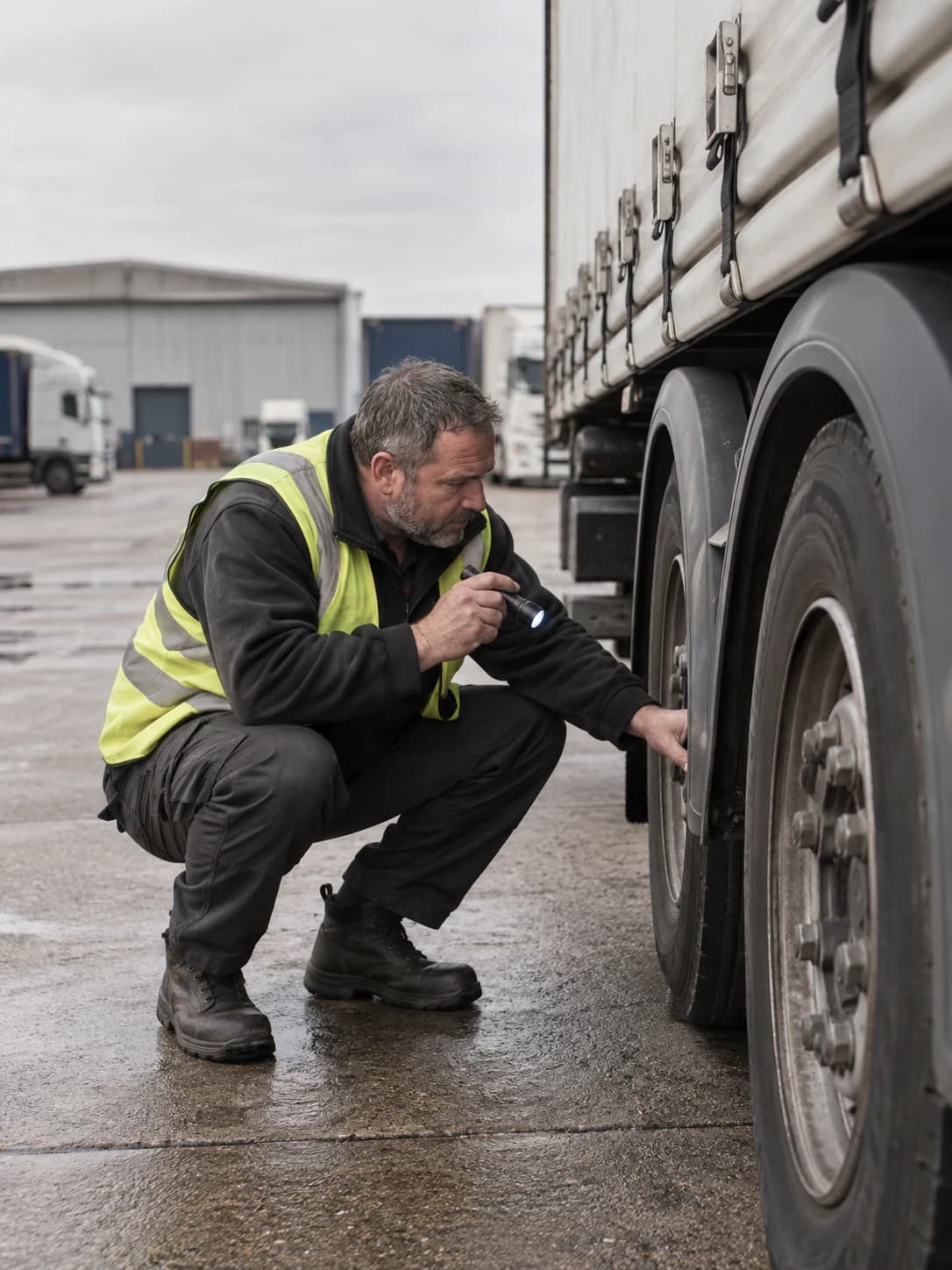 Driver checking a lorry tyre before departure