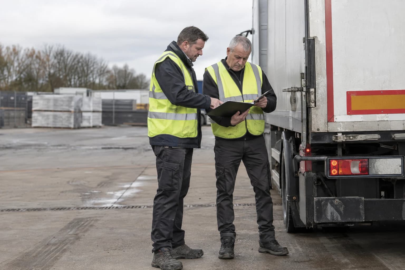 Illustrative scene of drivers reviewing a collection plan beside a vehicle