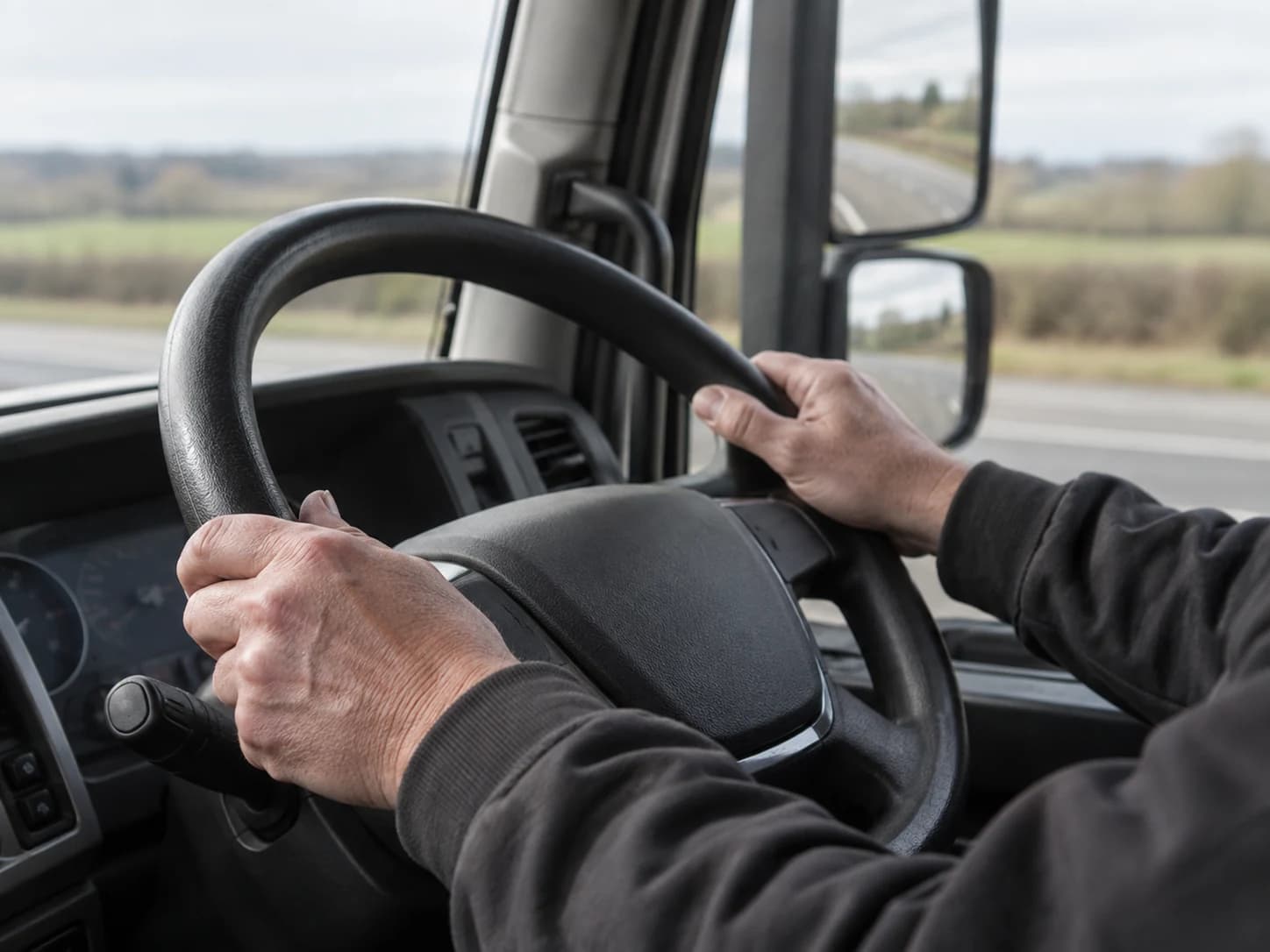 Driver’s hands resting naturally on a truck steering wheel