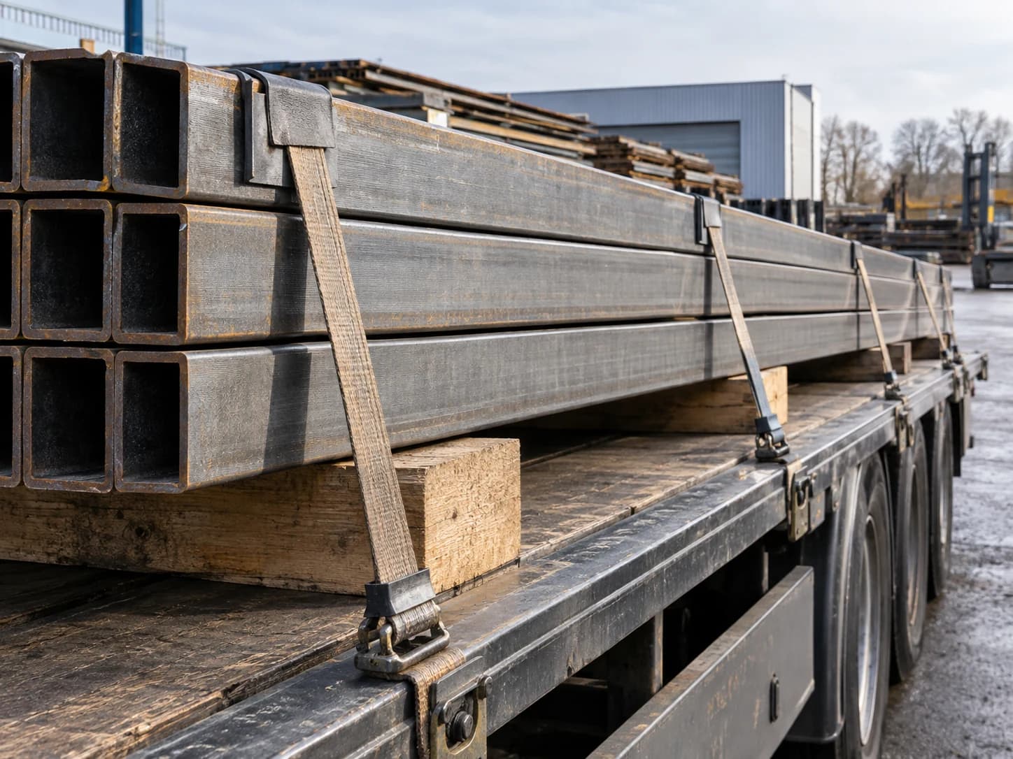 Fabricated steel sections restrained on timber supports on a flatbed trailer