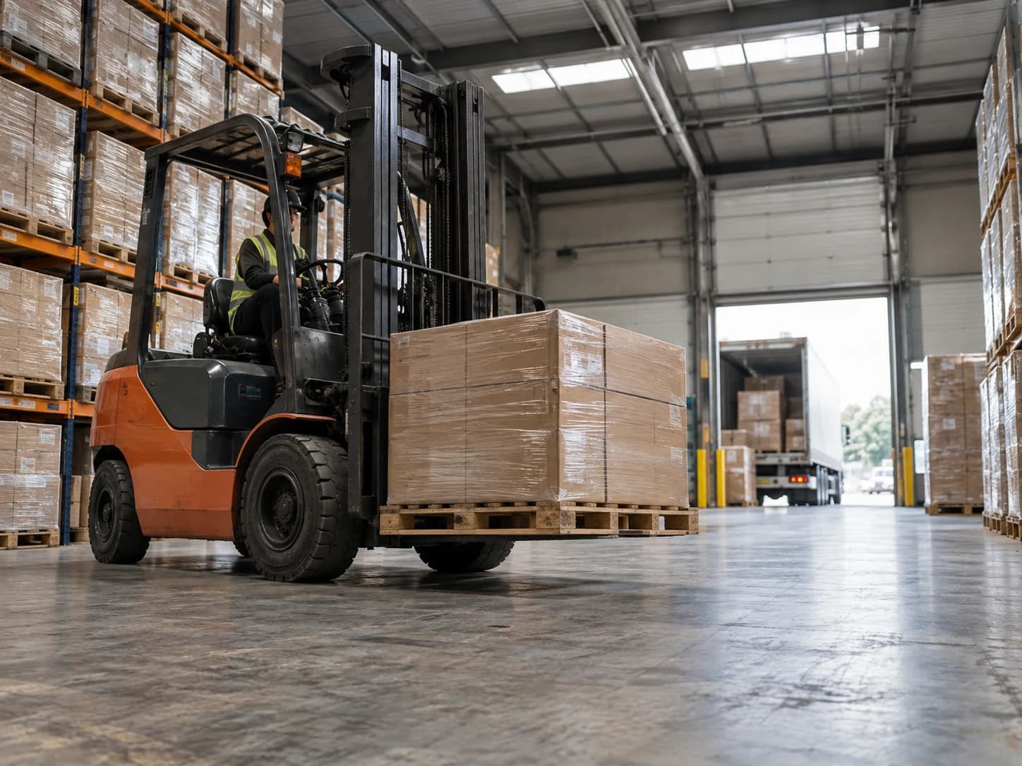 Forklift carrying a wrapped pallet towards a warehouse loading bay
