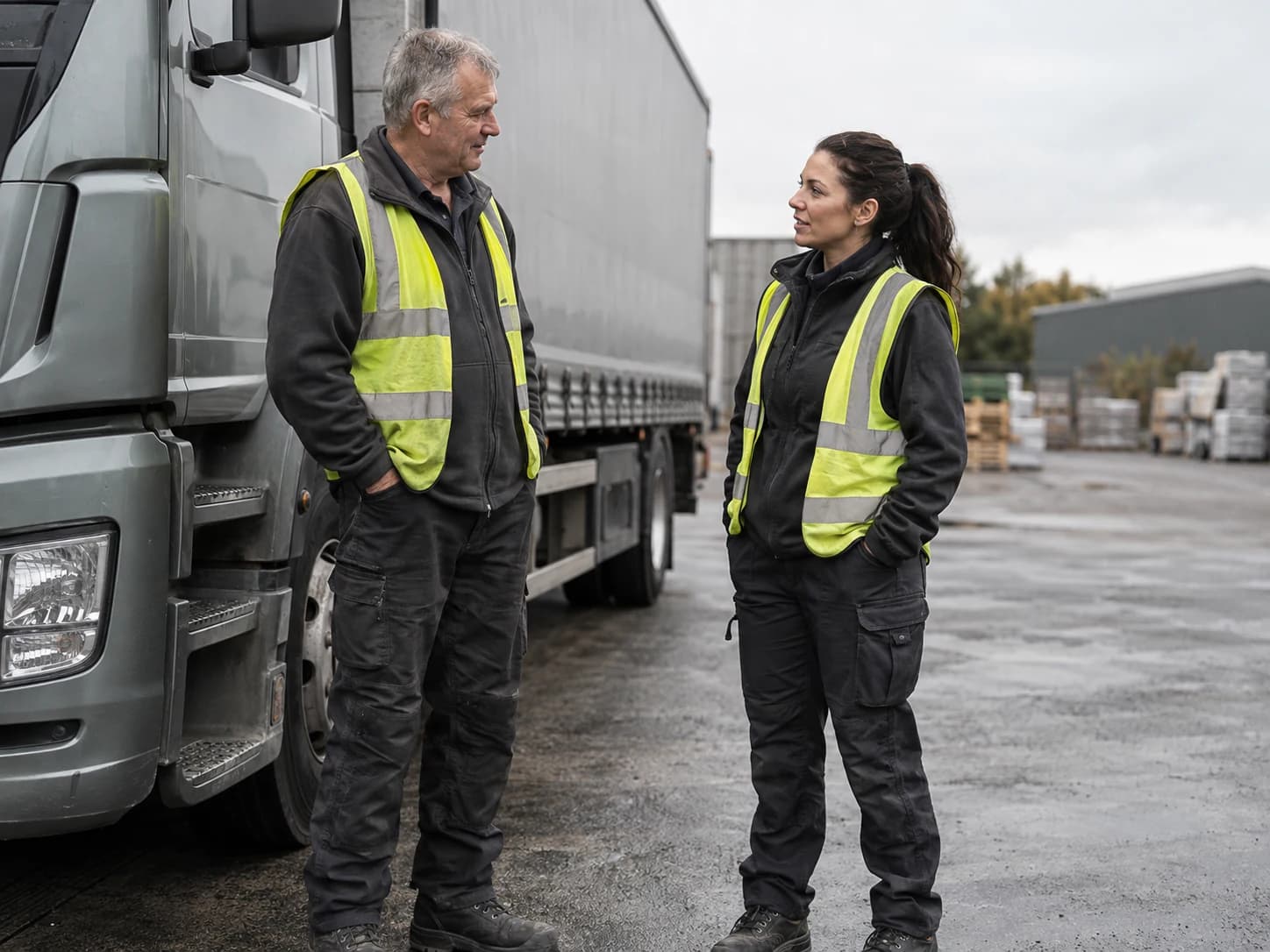 Illustrative scene of two transport colleagues talking beside a parked lorry