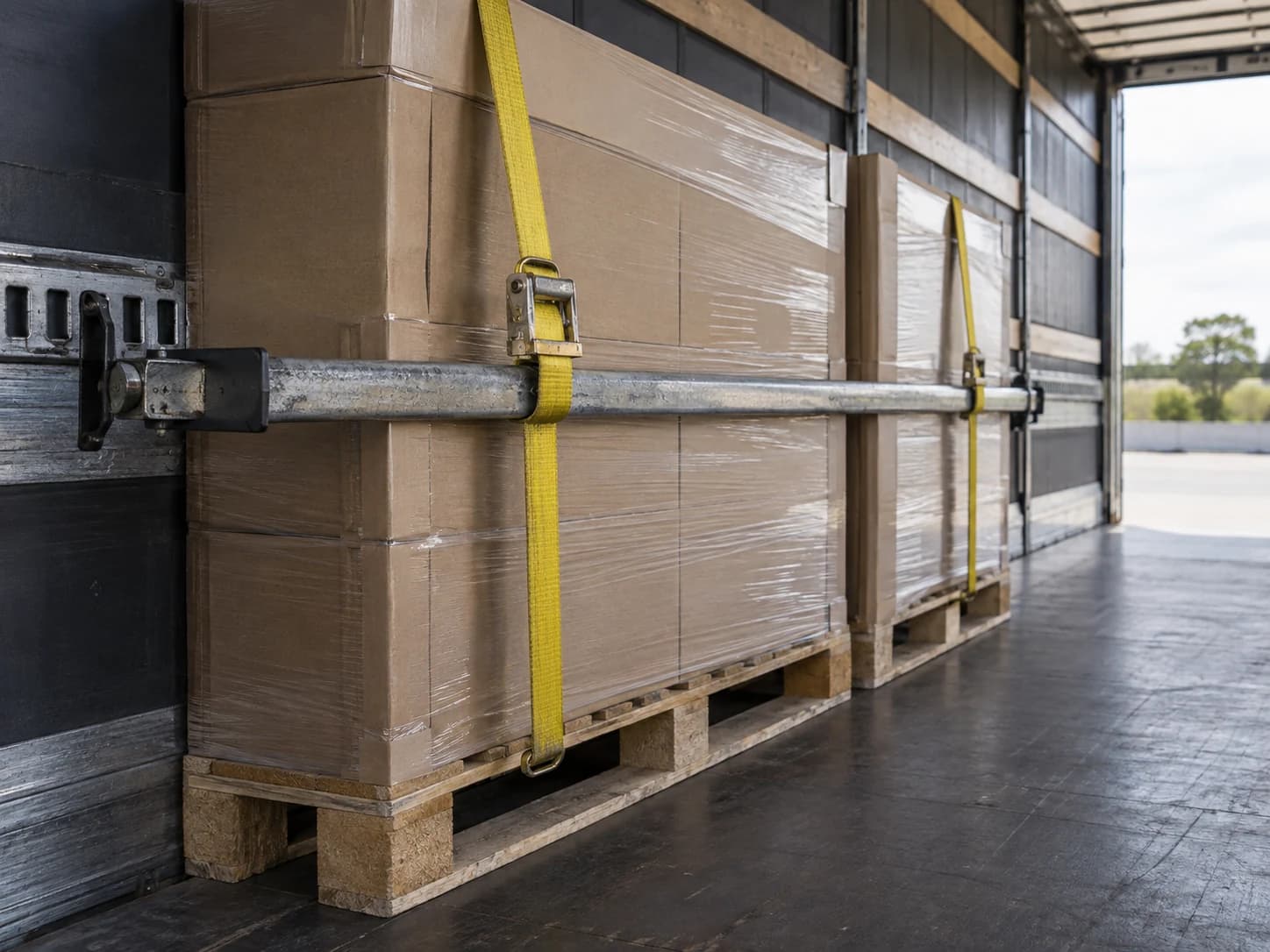 Cargo bar and tensioned straps restraining cartons in a trailer