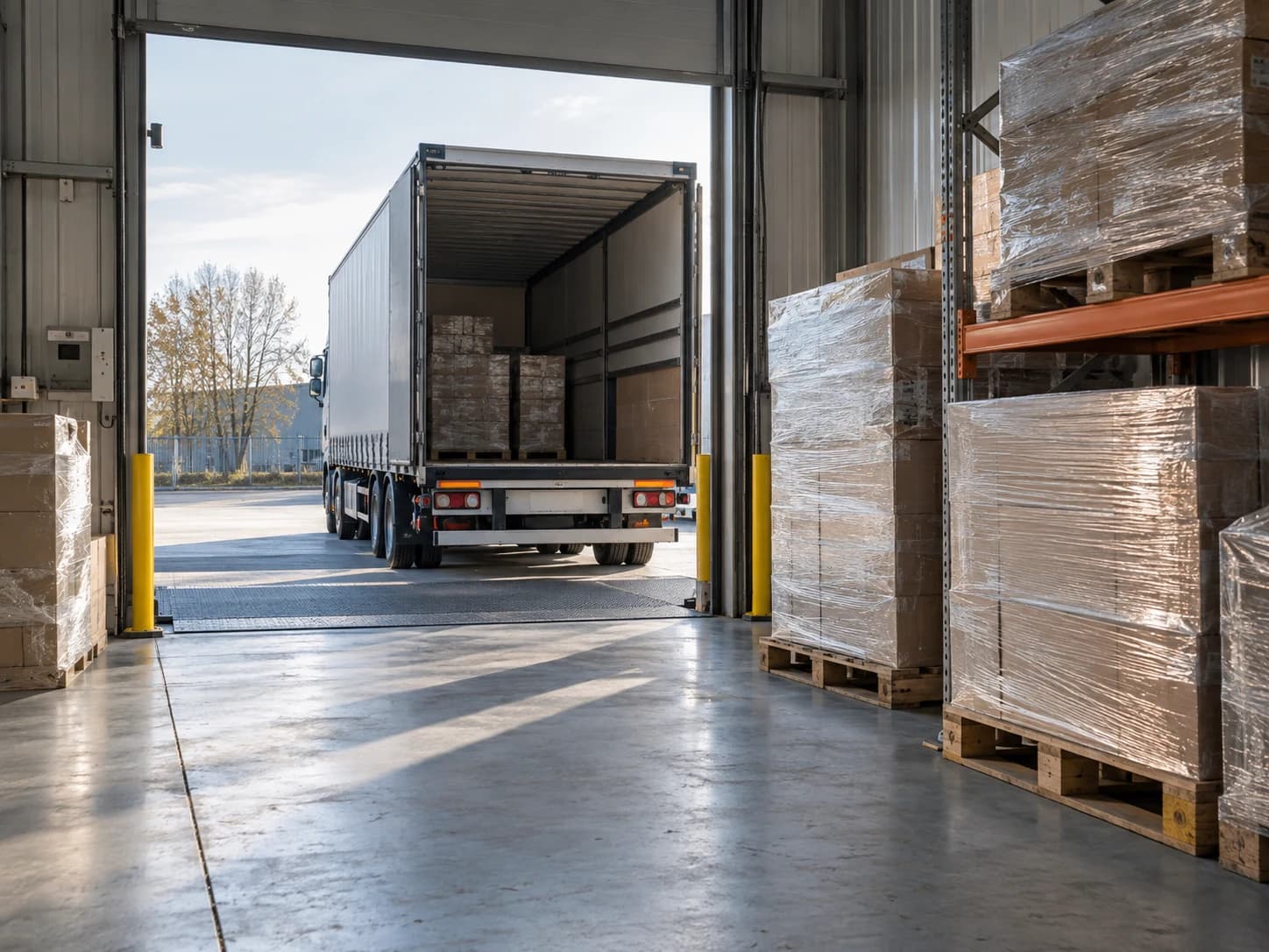 Open trailer at a warehouse loading bay in soft morning light