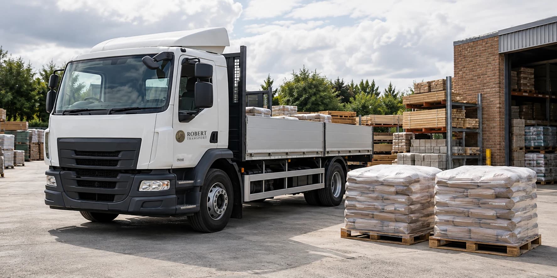 Palletised building supplies beside a lorry in a merchant yard