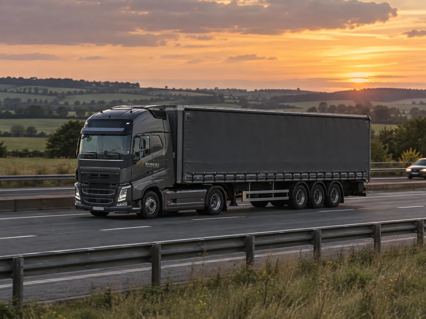 Articulated lorry travelling on a British motorway in evening light