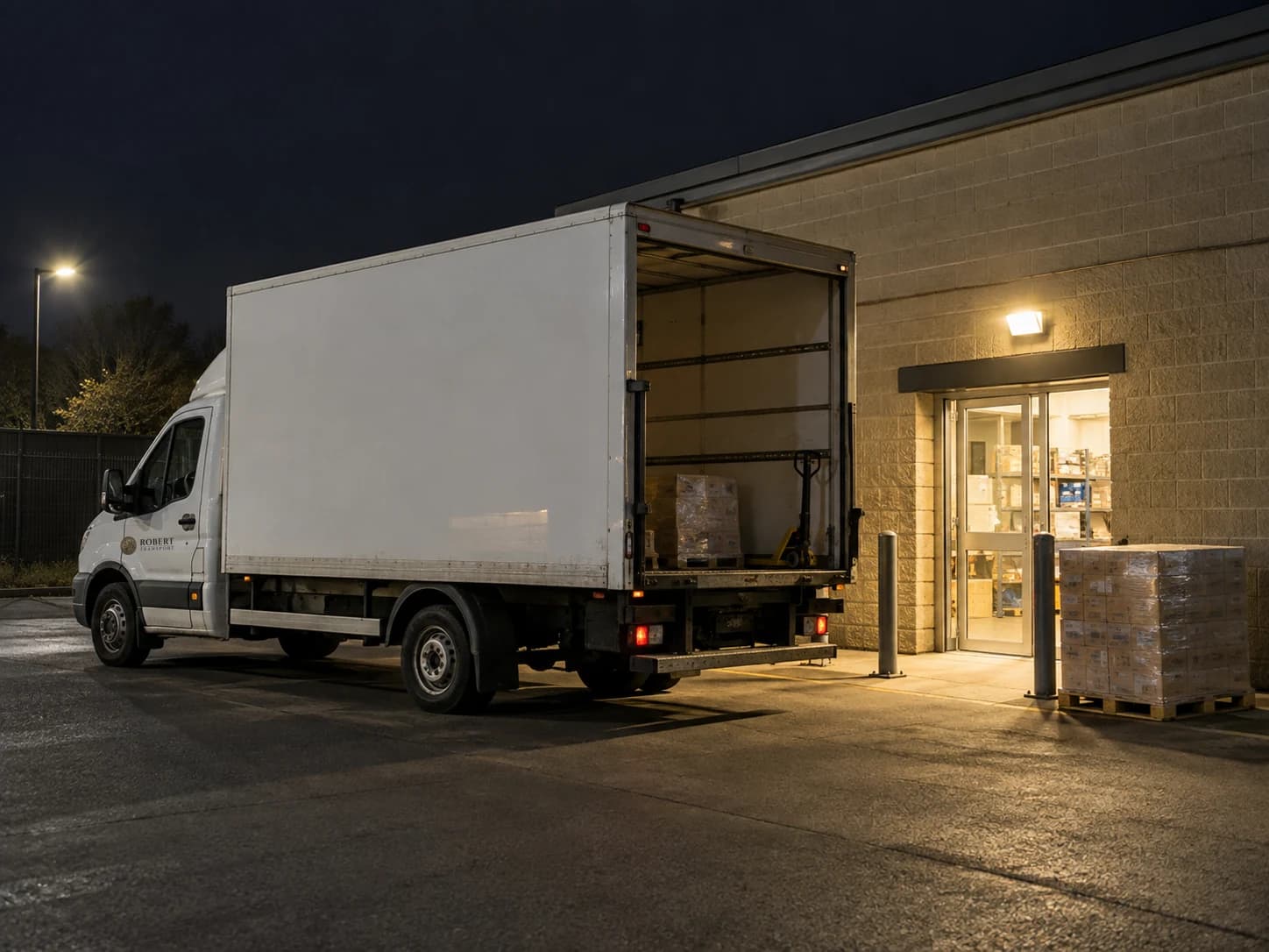 Box lorry positioned at an illuminated retail service entrance after dark