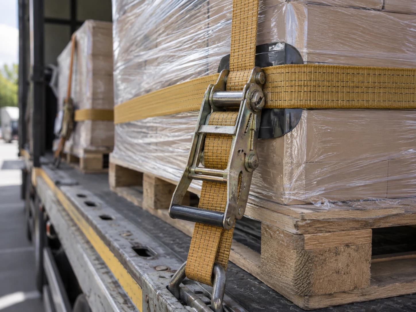 Ratchet strap and corner protector securing palletised freight