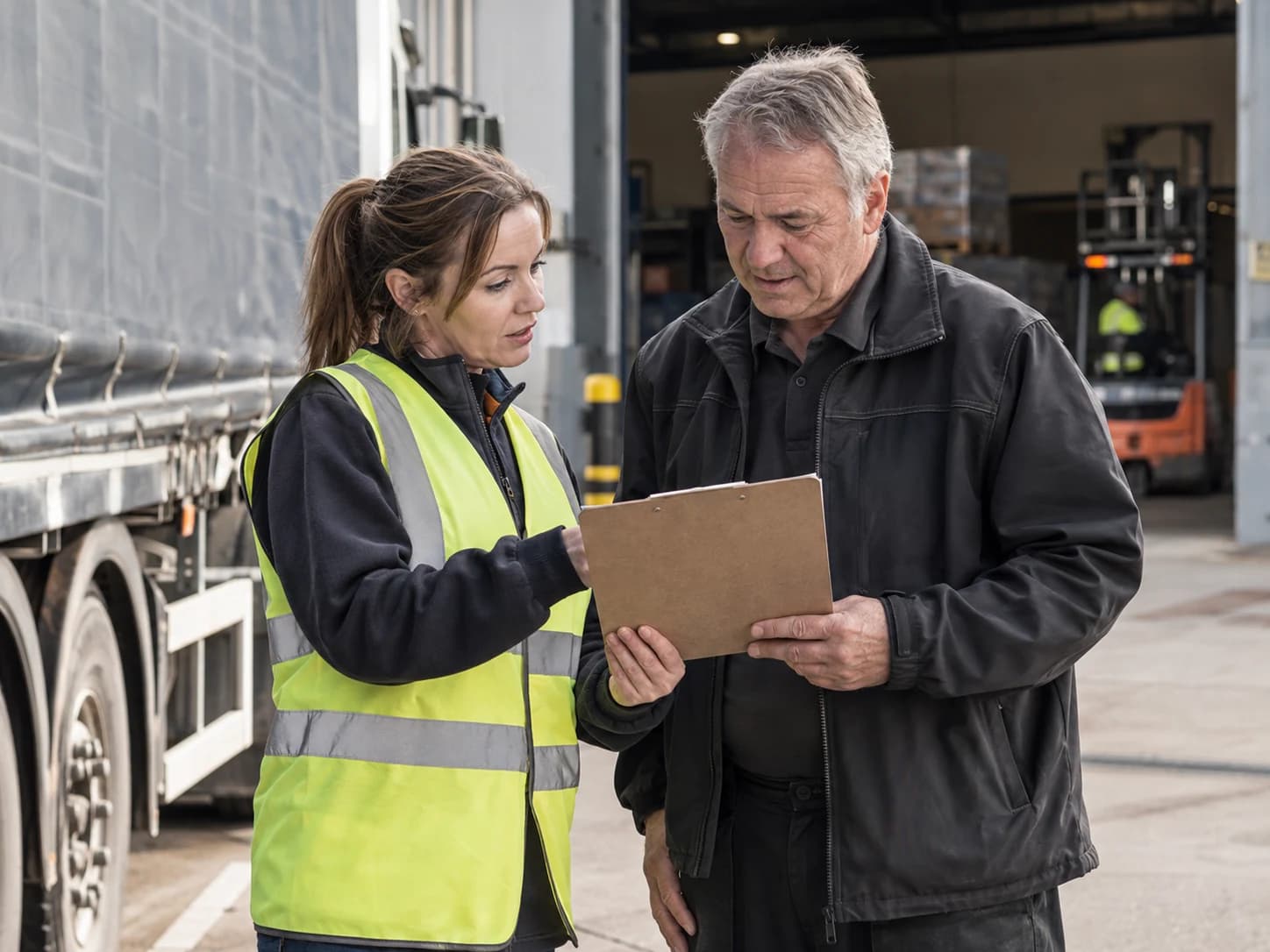 Driver and warehouse receiver reviewing a delivery clipboard