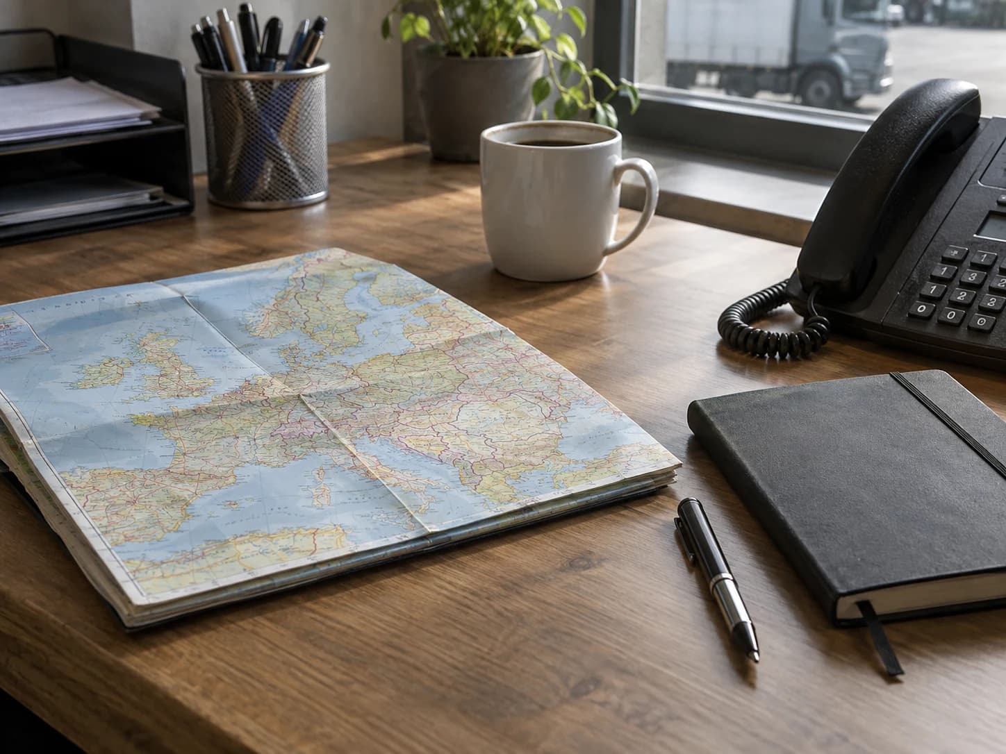 Planner reviewing a folded road atlas beside a dispatch phone