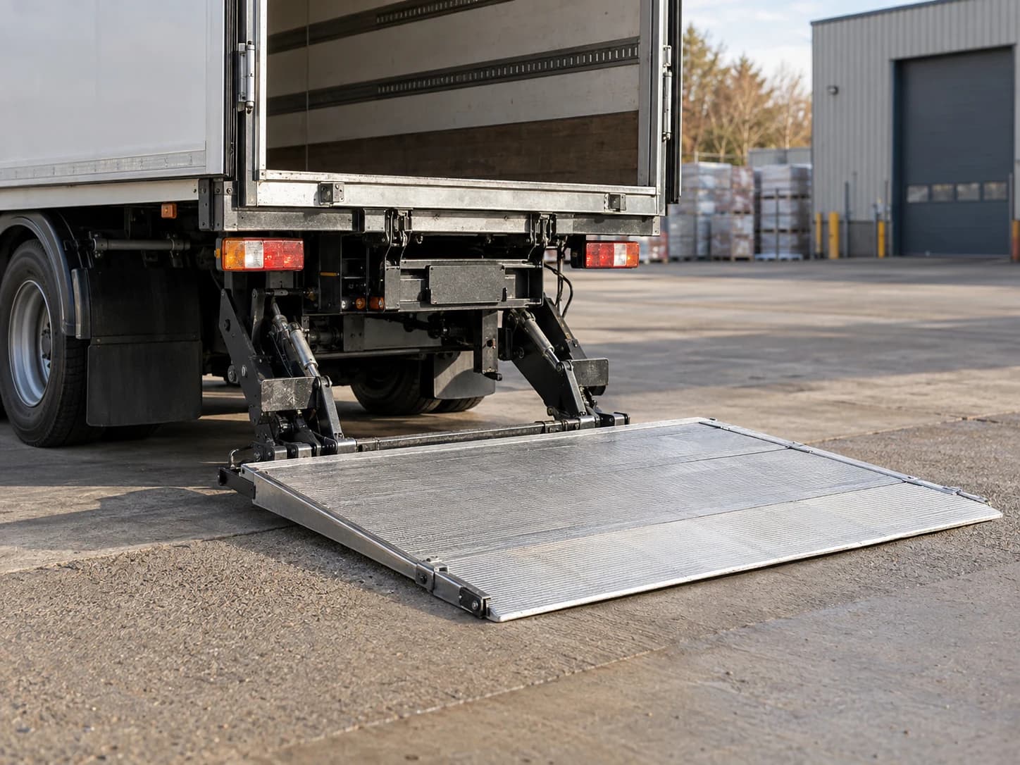 Hydraulic tail-lift platform lowered beside a box lorry
