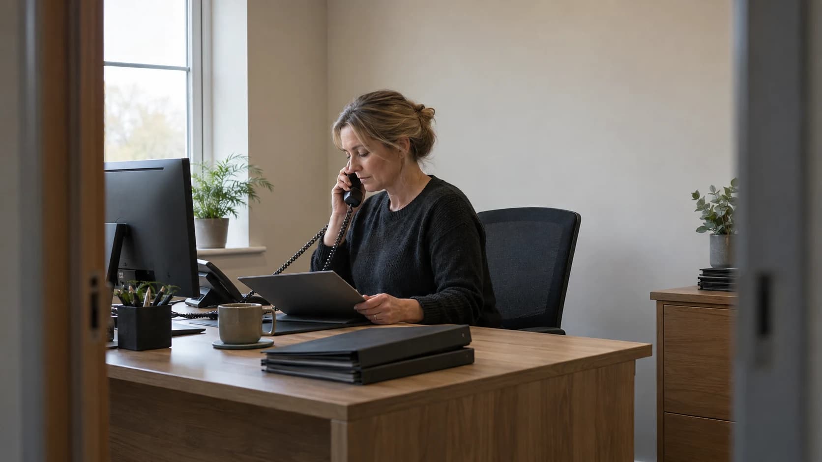 Dispatch planner reviewing a freight schedule at a timber desk