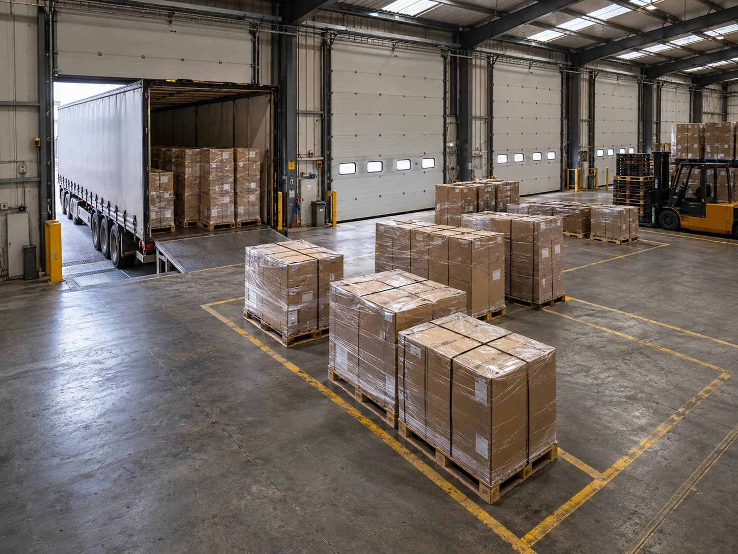Wrapped pallets arranged for consolidation in a warehouse loading area