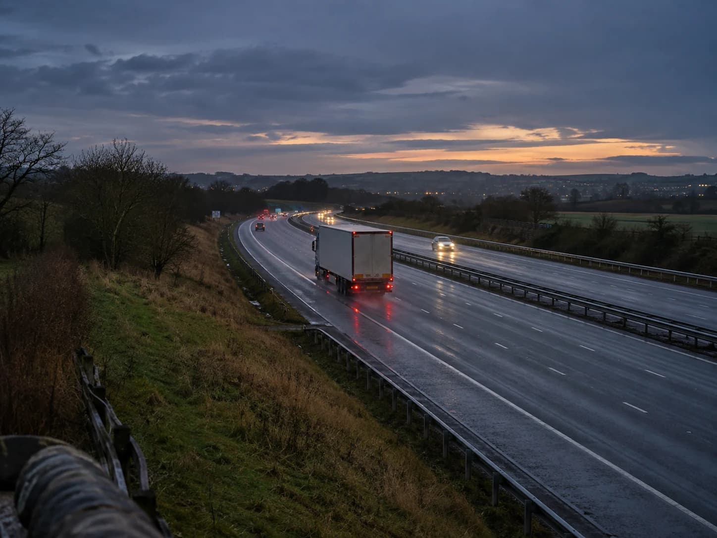 Rear view of an articulated truck on a wet road after dark
