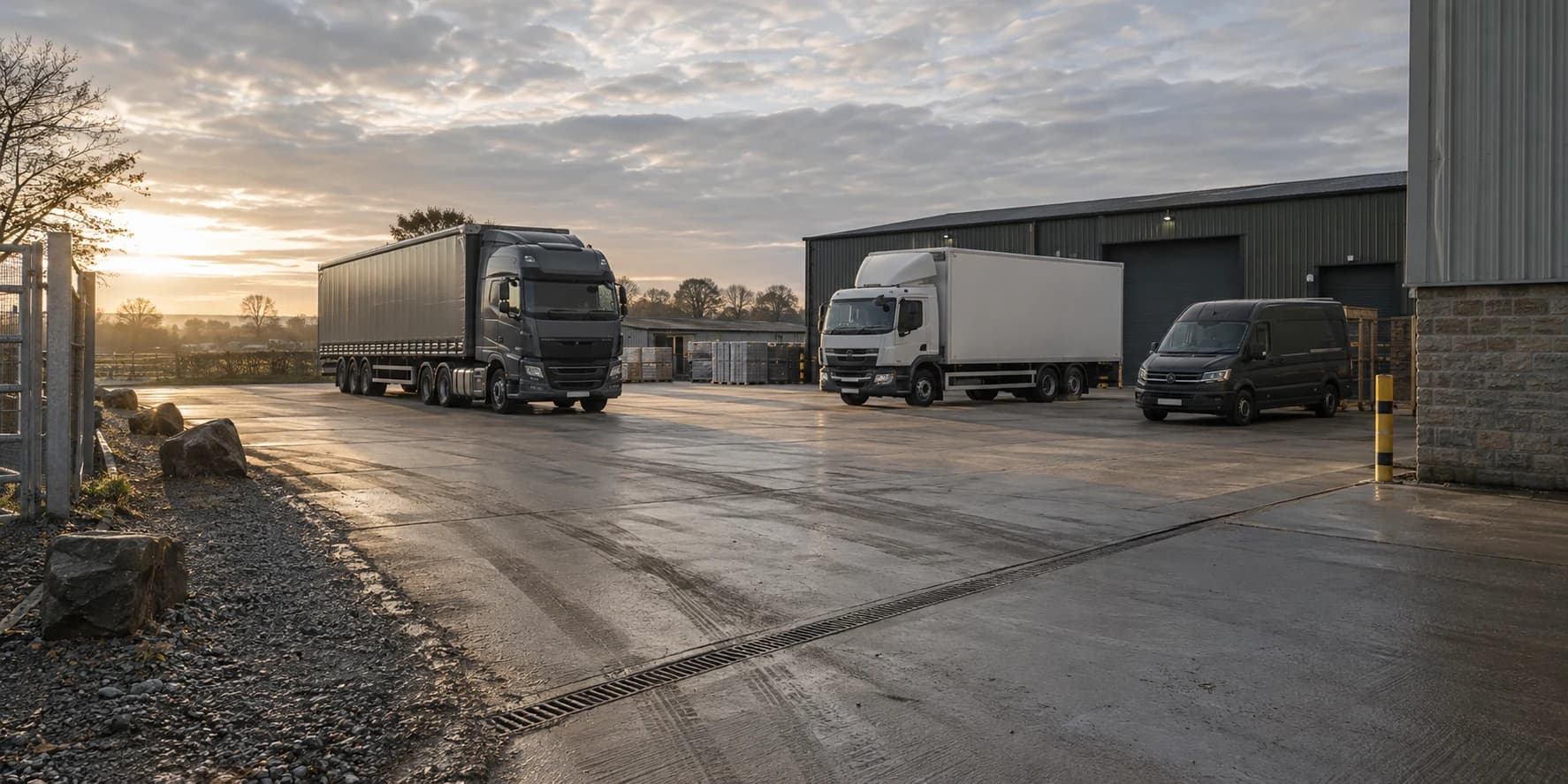 Three freight vehicles parked in a haulage yard in early morning light